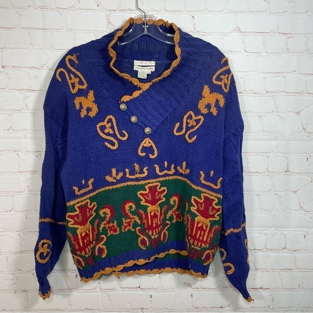 Vintage Jennifer Reed Hand Made MultiColor Embroidered Sweater Medium Christmas